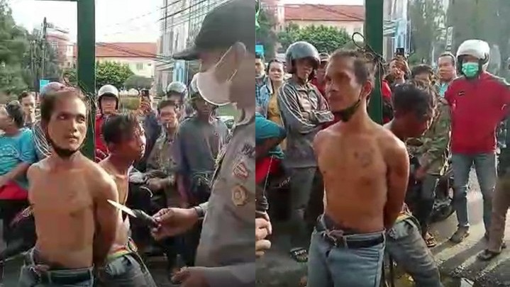 Dua Maling Diikat Warga Lubuk Baja Batam di Tiang Sekuriti