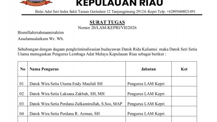 LAM Kepri Bentuk Tim Khusus Bela Rida K Liamsi, Terbitkan Surat Tugas Resmi
